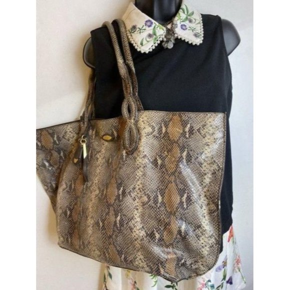 Elie Tahari Snake Print Brown Beige Leather Shoulder Bag - Picture 6 of 12